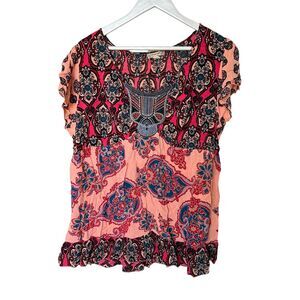 Energe World Wear Women's Embroidered Boho Floral Flutter Sleeve Blouse Sz 2X‎